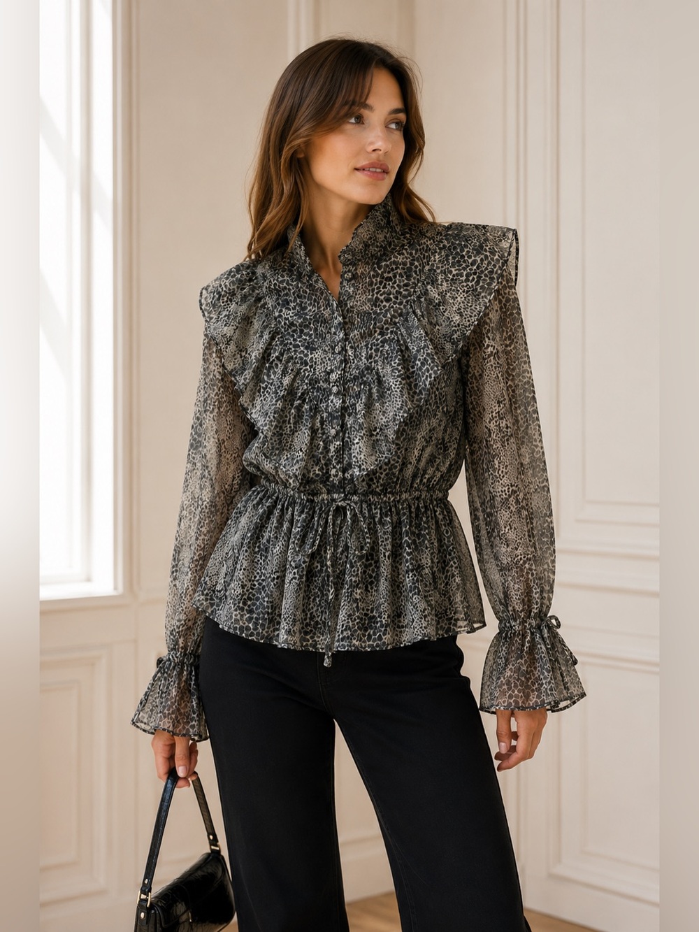 Walter Baker Ruffled Animal-Print Peplum Blouse - Black/Grey